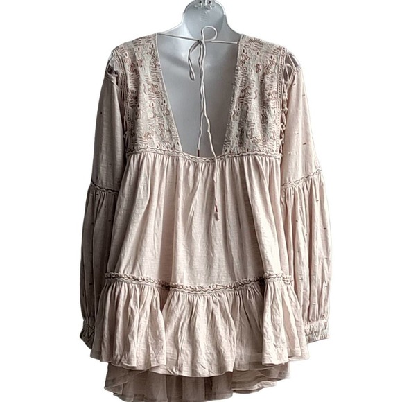 Free People Sm Salt Much Love Embroi Ladder Stitch Ruffle Trim Balloon Sleev Top - Picture 2 of 6